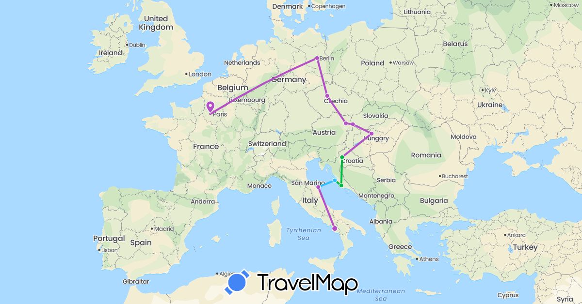 TravelMap itinerary: driving, bus, train, boat in Austria, Czech Republic, Germany, France, Croatia, Hungary, Italy, Slovakia (Europe)